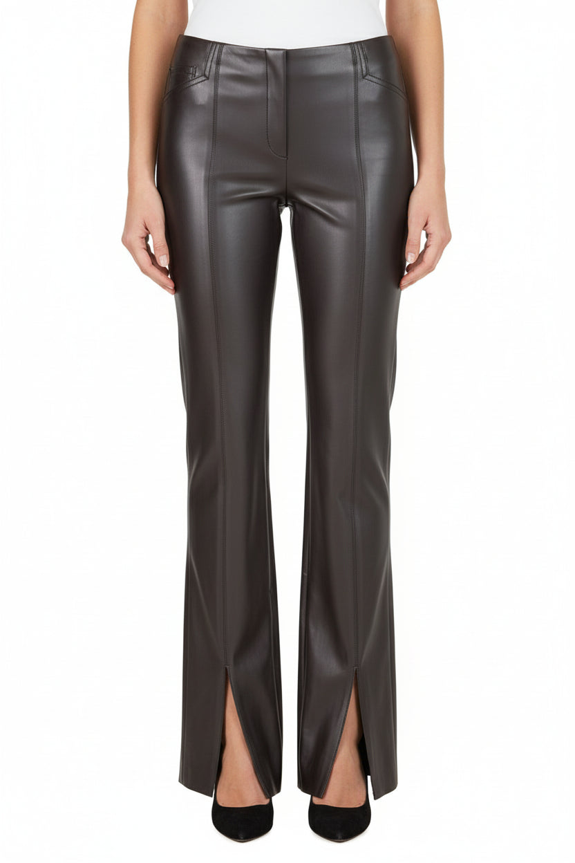 Faux Leather Pants Slit Front -Brown