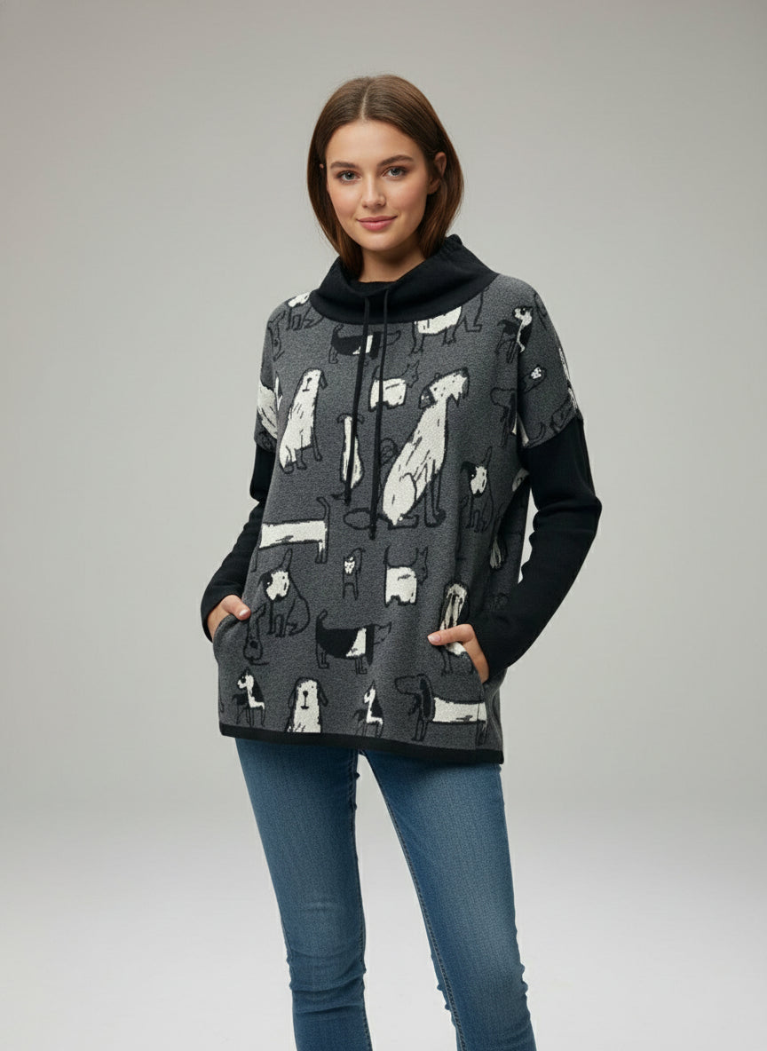 COWL-NECKDOG PRINT SWEATER
