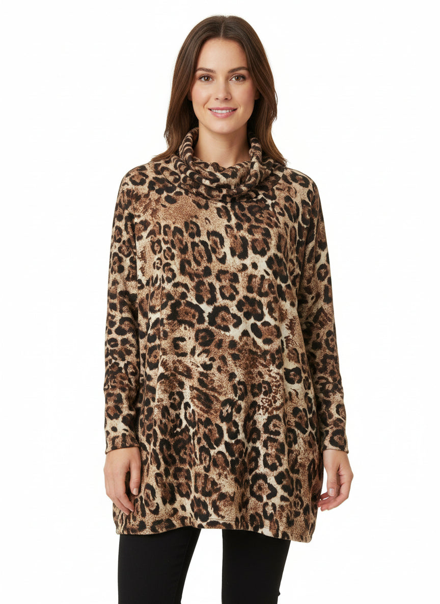 Leopard Print Cowl Neck Sweater
