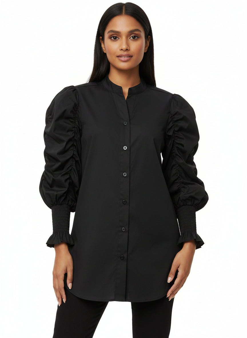 Ruched Black Button Up Top