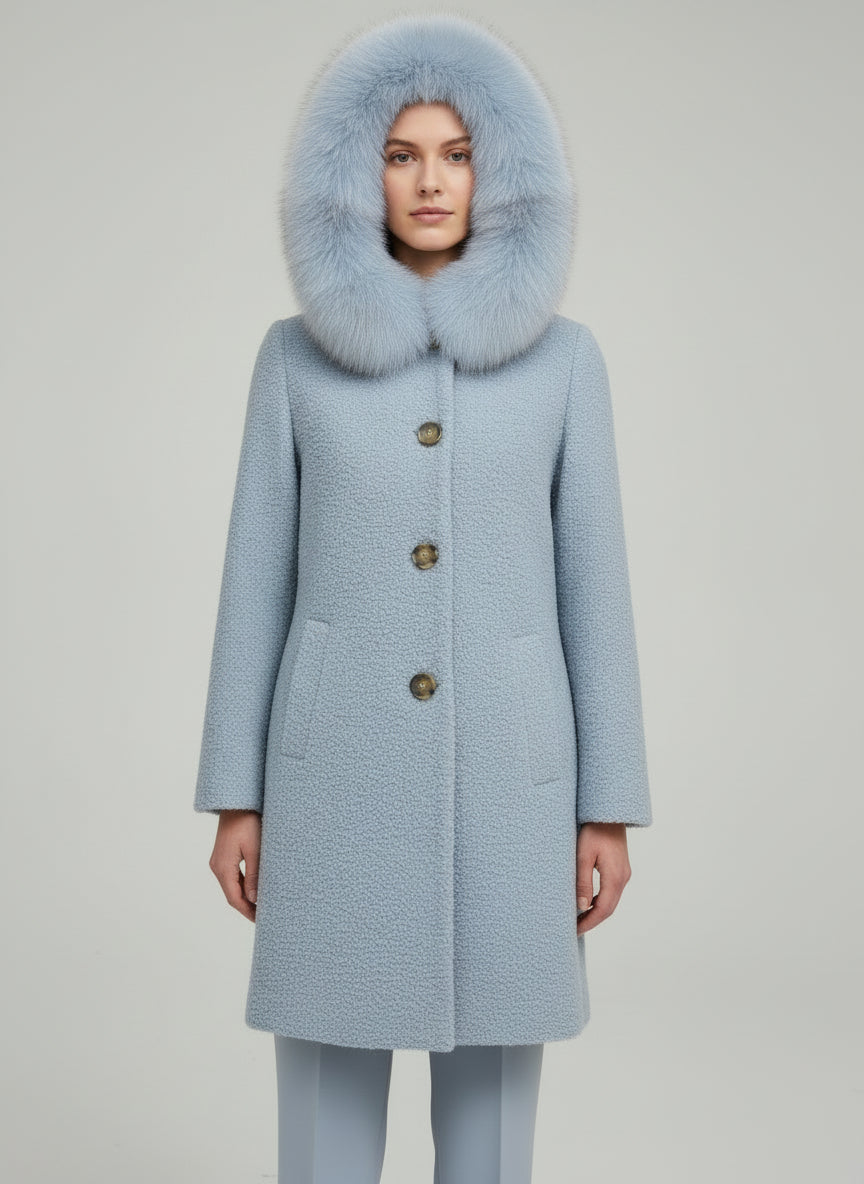 BOUCLE ITALIAN WOOL FOX TRIM COAT - LIGHT BLUE