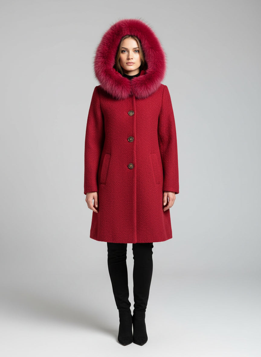 BOUCLE ITALIAN WOOL FOX TRIM COAT - CHERRY RED