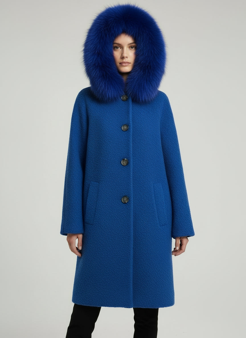 BOUCLE ITALIAN WOOL FOX TRIM COAT -ROYAL BLUE