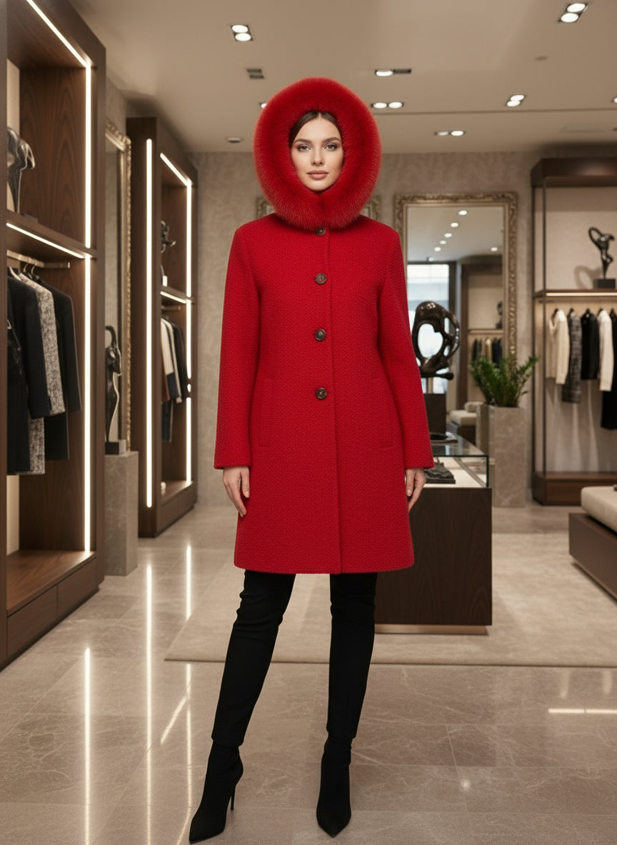 BOUCLE ITALIAN WOOL FOX TRIM COAT - RED