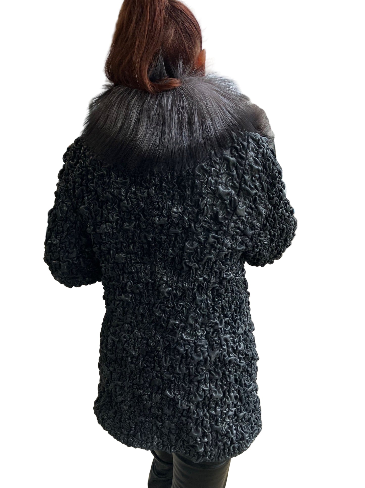 METALLIC BLACK/GREY STRETCH LEATER FOX COAT