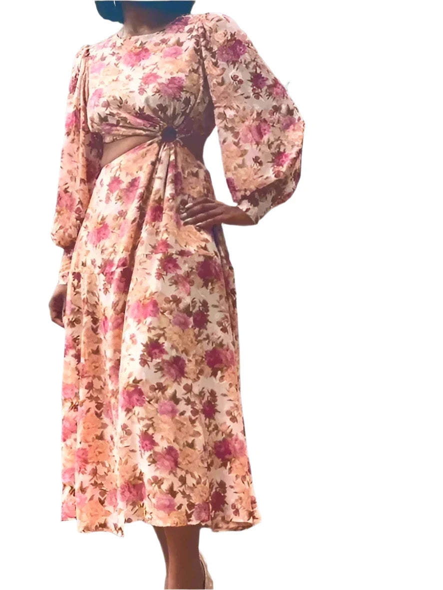 flower cut out dress Shiara Cut-Out Waist Mini Floral Blue/Yellow Shine bright in this floral dream CEDAR- Armhole Dress with Flower
