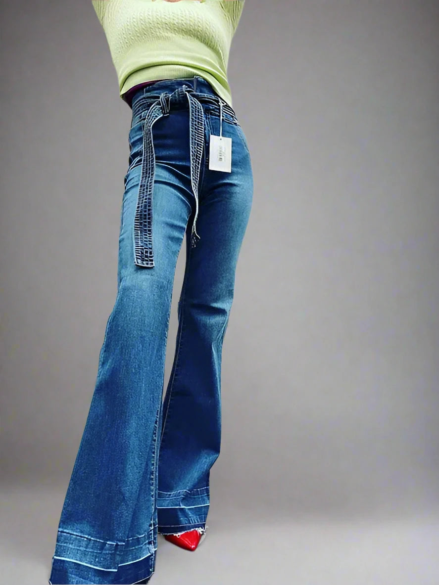 Flared High Rise Denim Jeans With Belt