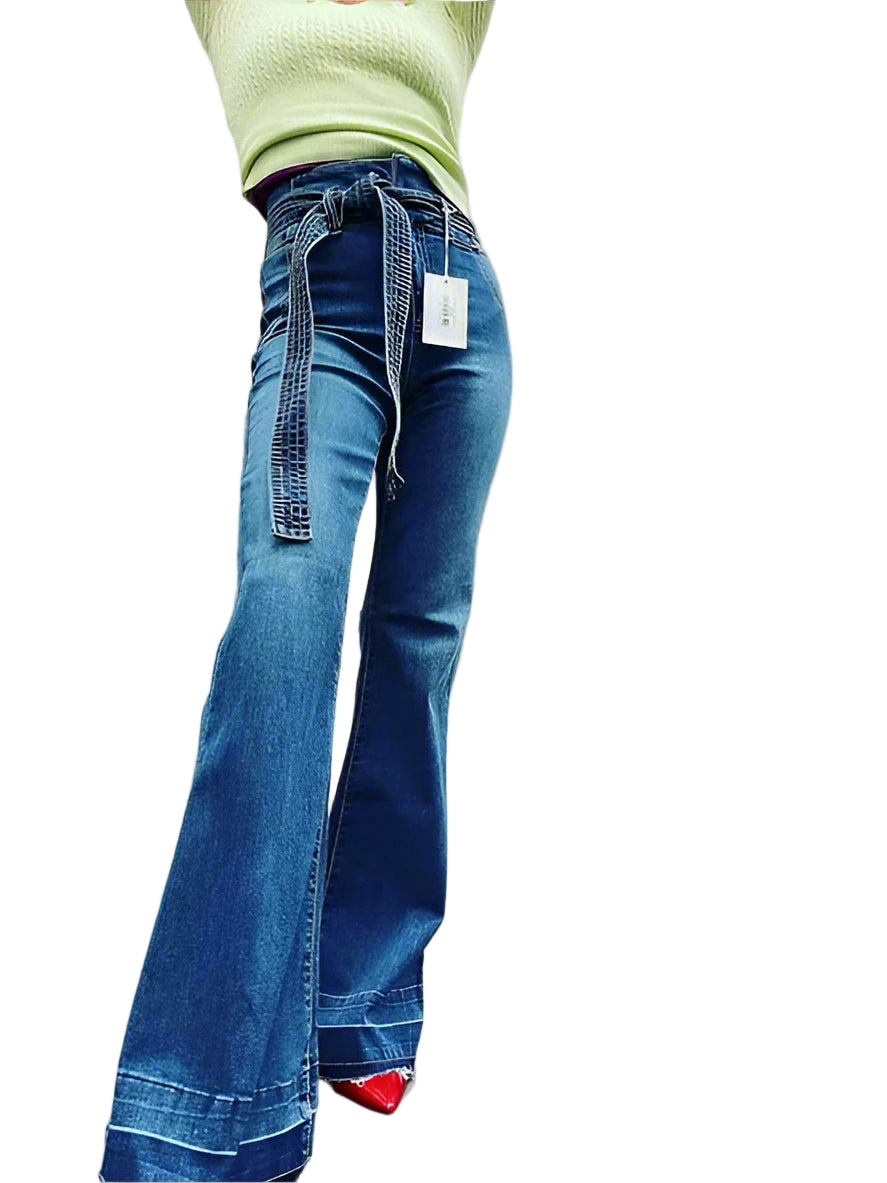 Flared High Rise Denim Jeans With Belt