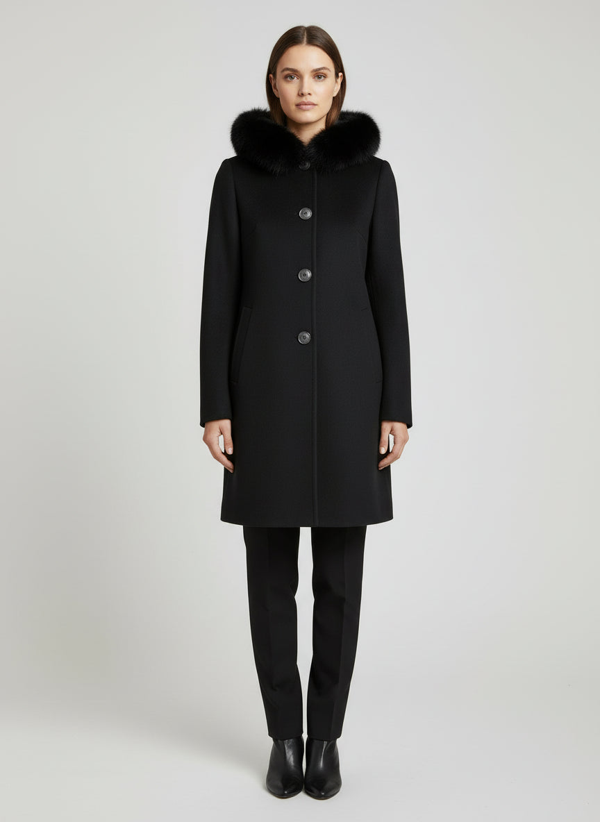 ITALIAN CASMERE FOX TRIM CARCOAT - BLACK