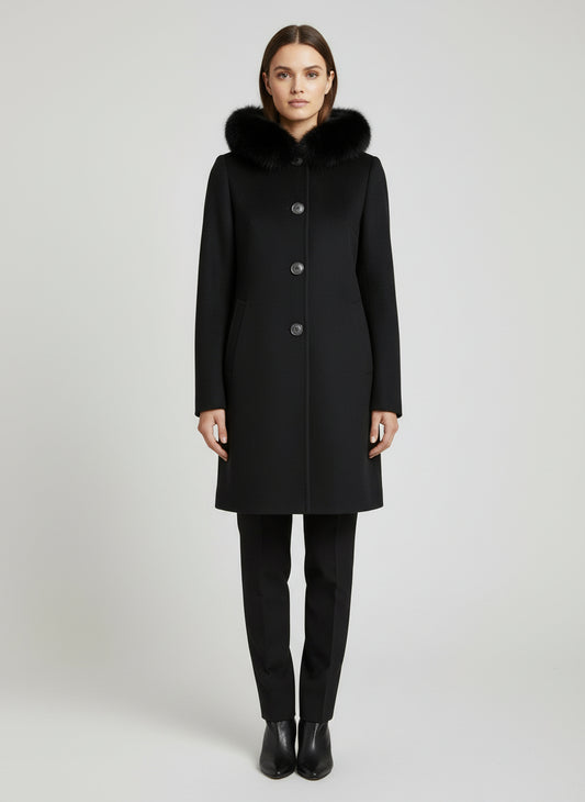 ITALIAN CASMERE FOX TRIM CARCOAT - BLACK