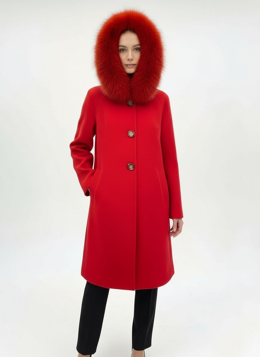 ITALIAN CASHMERE FOX TRIM FUR COAT - RED