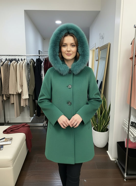 ITALIAN CASHMERE FOX TRIM FUR COAT - EVERGREEN
