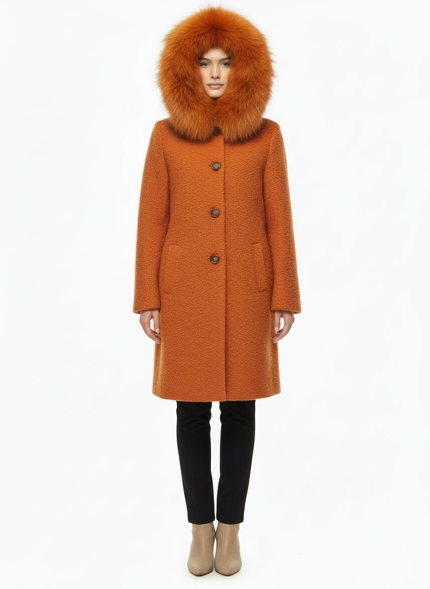 BOUCLE ITALIAN WOOL FOX TRIM COAT - EMBER
