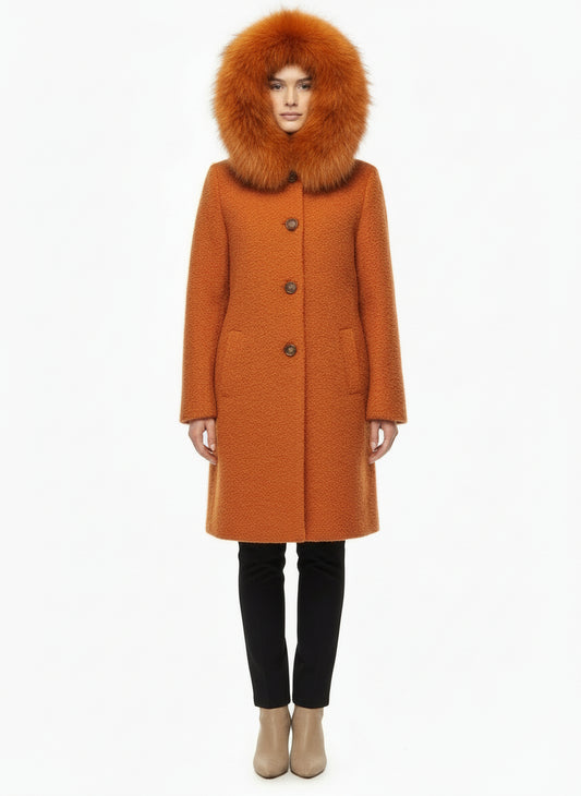 BOUCLE ITALIAN WOOL FOX TRIM COAT - EMBER