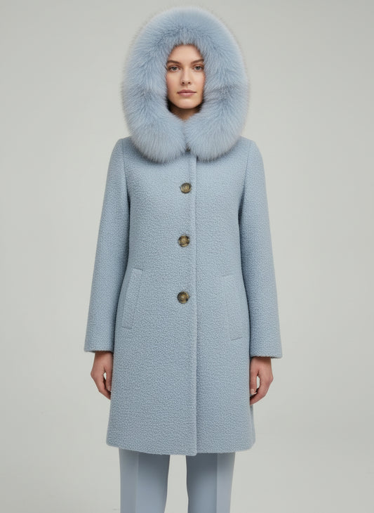 BOUCLE ITALIAN WOOL FOX TRIM COAT - LIGHT BLUE