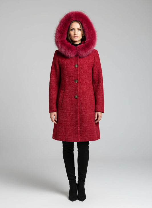 BOUCLE ITALIAN WOOL FOX TRIM COAT - CHERRY RED