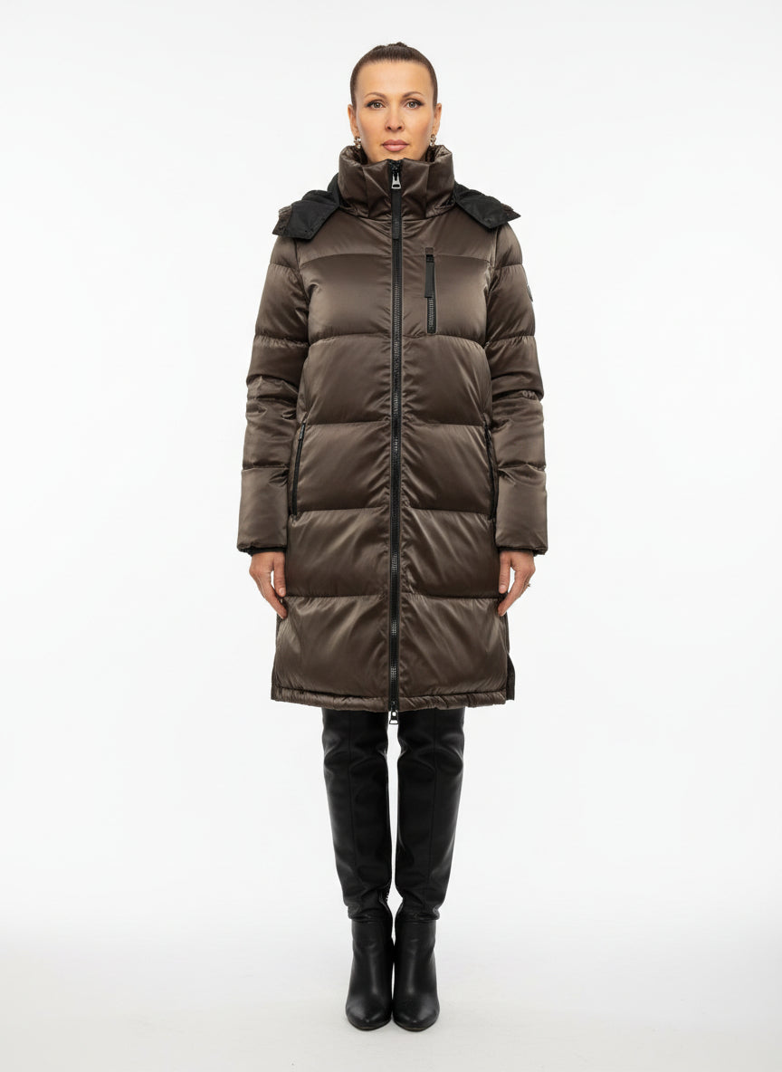 LIQUID SHINE PUFFER COAT - COFFEE
