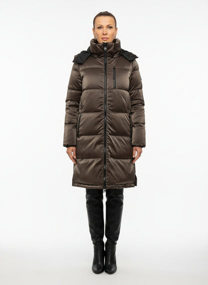 LIQUID SHINE PUFFER COAT - COFFEE