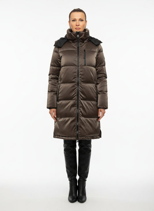LIQUID SHINE PUFFER COAT - COFFEE