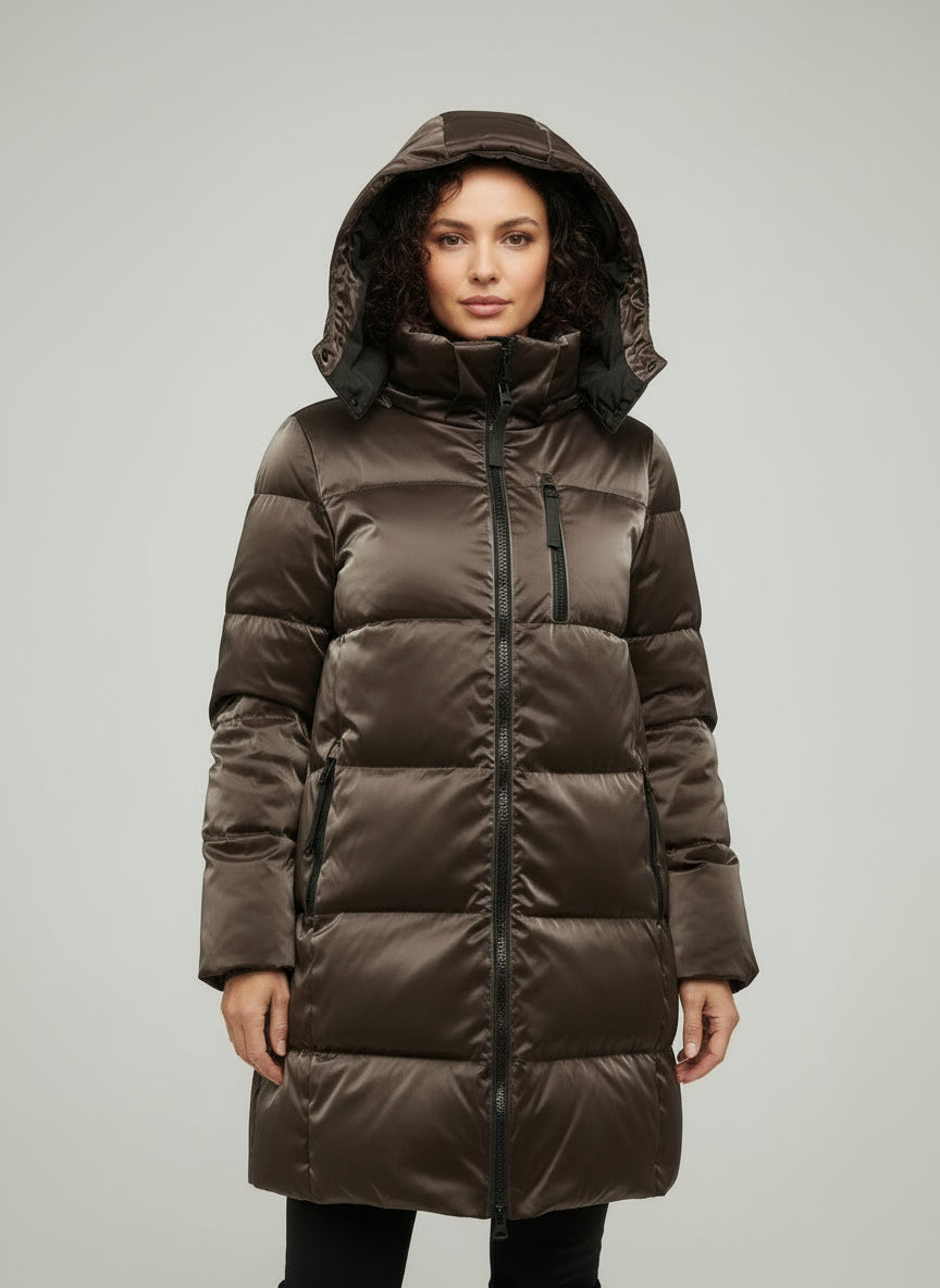 LIQUID SHINE PUFFER COAT - COFFEE
