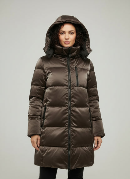 LIQUID SHINE PUFFER COAT - COFFEE