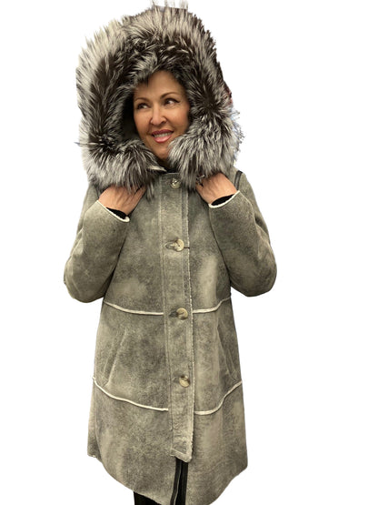AUTUNNO SHEARLING FOX TRIM COAT - GREY