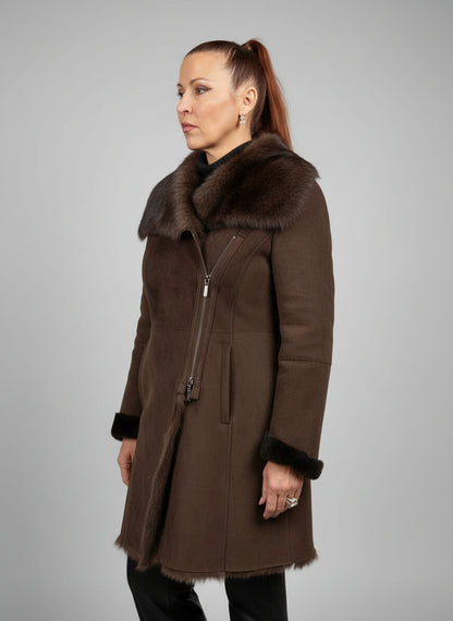 ARTICO SHEARLING FOX TRIM COAT - BROWN