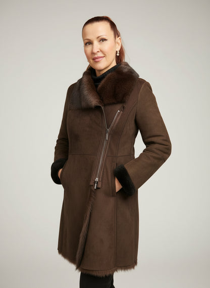 ARTICO SHEARLING FOX TRIM COAT - BROWN