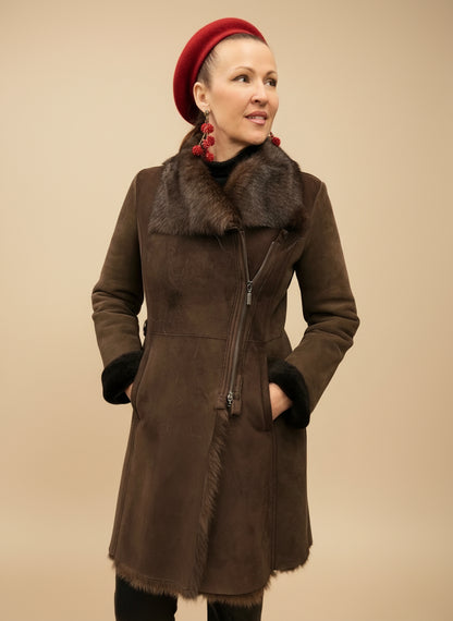 ARTICO SHEARLING FOX TRIM COAT - BROWN