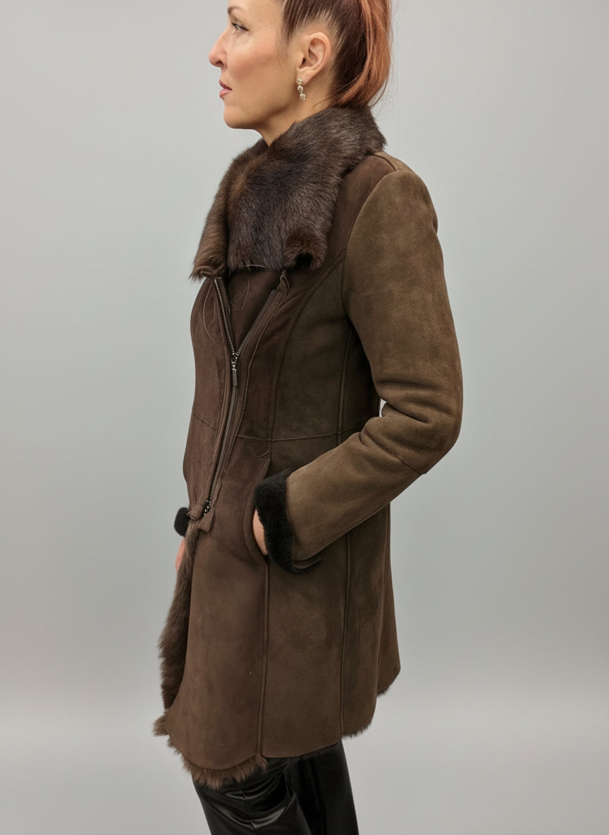ARTICO SHEARLING FOX TRIM COAT - BROWN