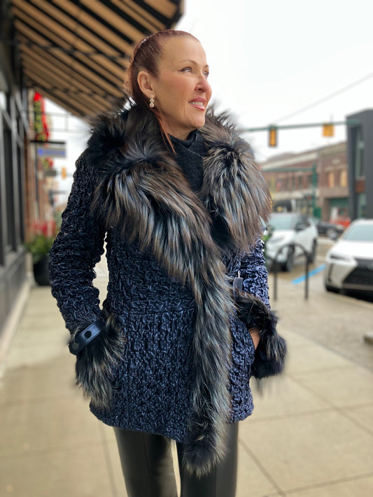 STRETCH LEATHER FOX BLUE OMBRE COAT