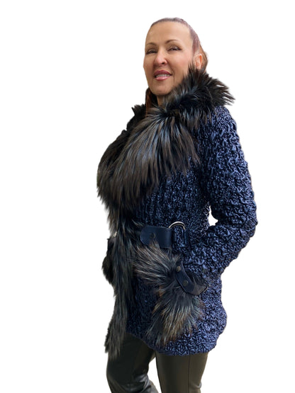 STRETCH LEATHER FOX BLUE OMBRE COAT