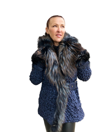 STRETCH LEATHER FOX BLUE OMBRE COAT