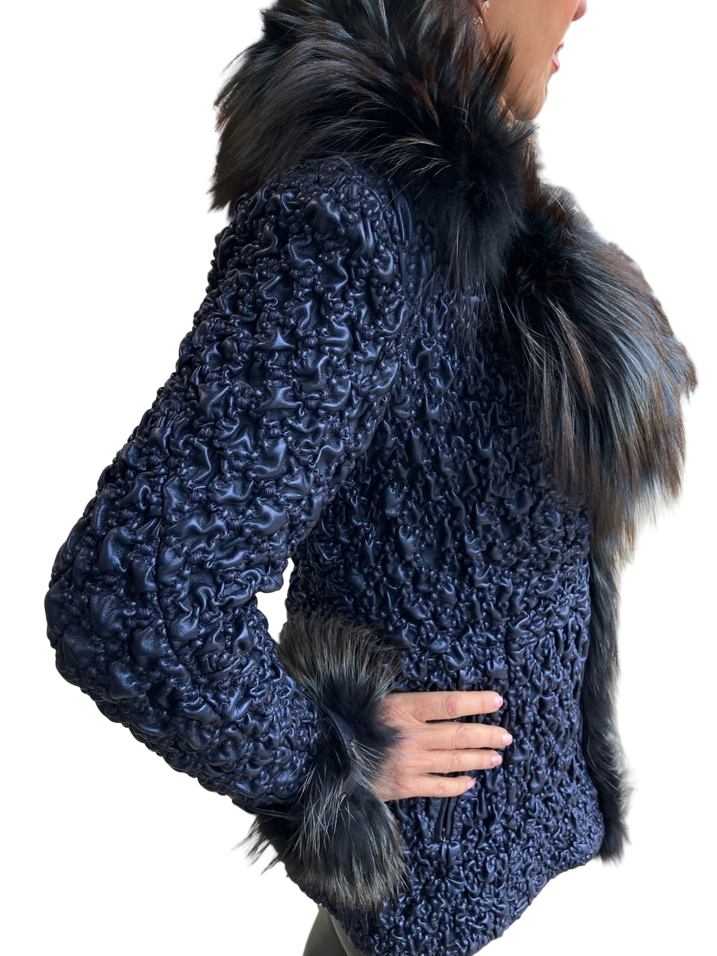 STRETCH LEATHER FOX BLUE OMBRE COAT