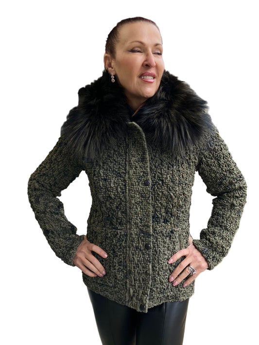 SHIITAKE GREEN STRETCH LEATHER FOX TRIM JACKET