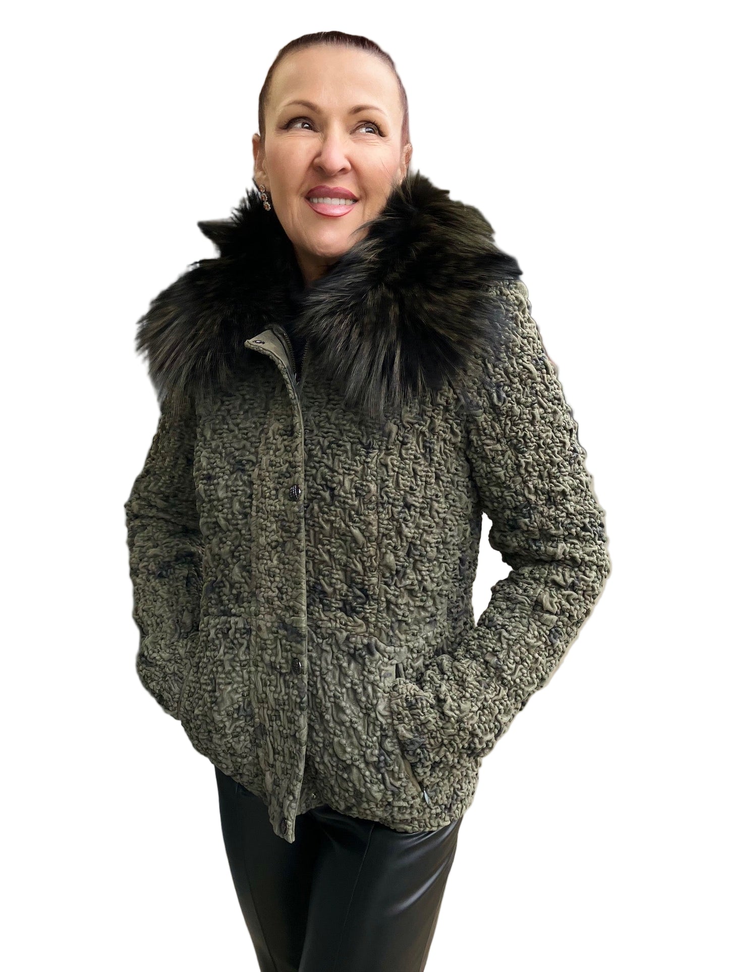 SHIITAKE GREEN STRETCH LEATHER FOX TRIM JACKET