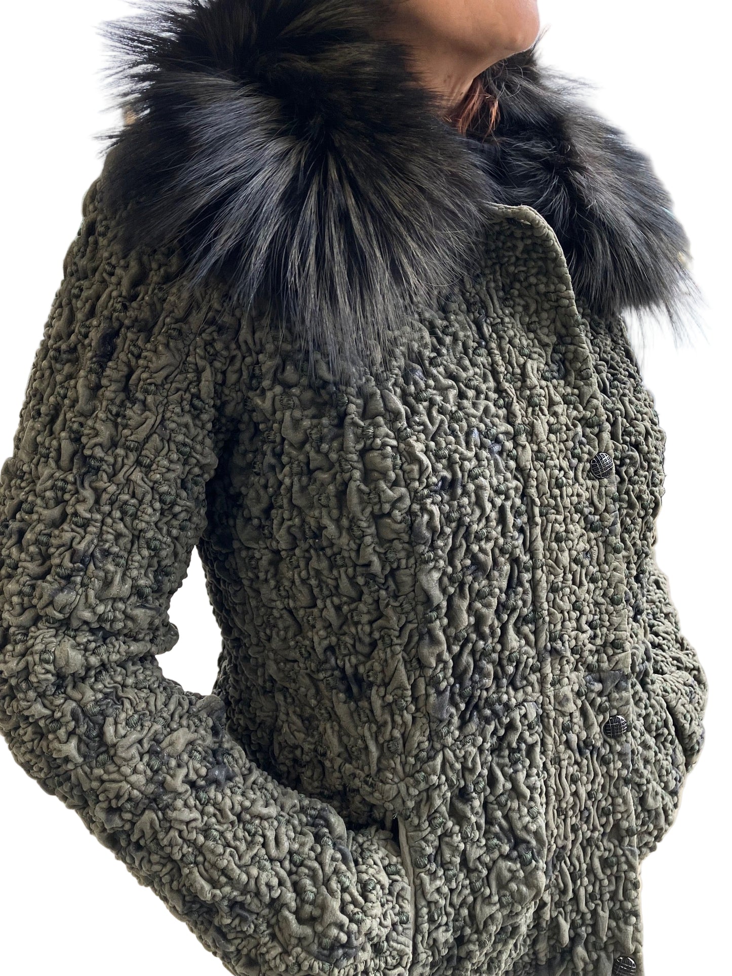 SHIITAKE GREEN STRETCH LEATHER FOX TRIM JACKET