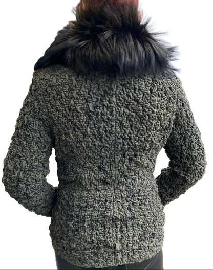 SHIITAKE GREEN STRETCH LEATHER FOX TRIM JACKET