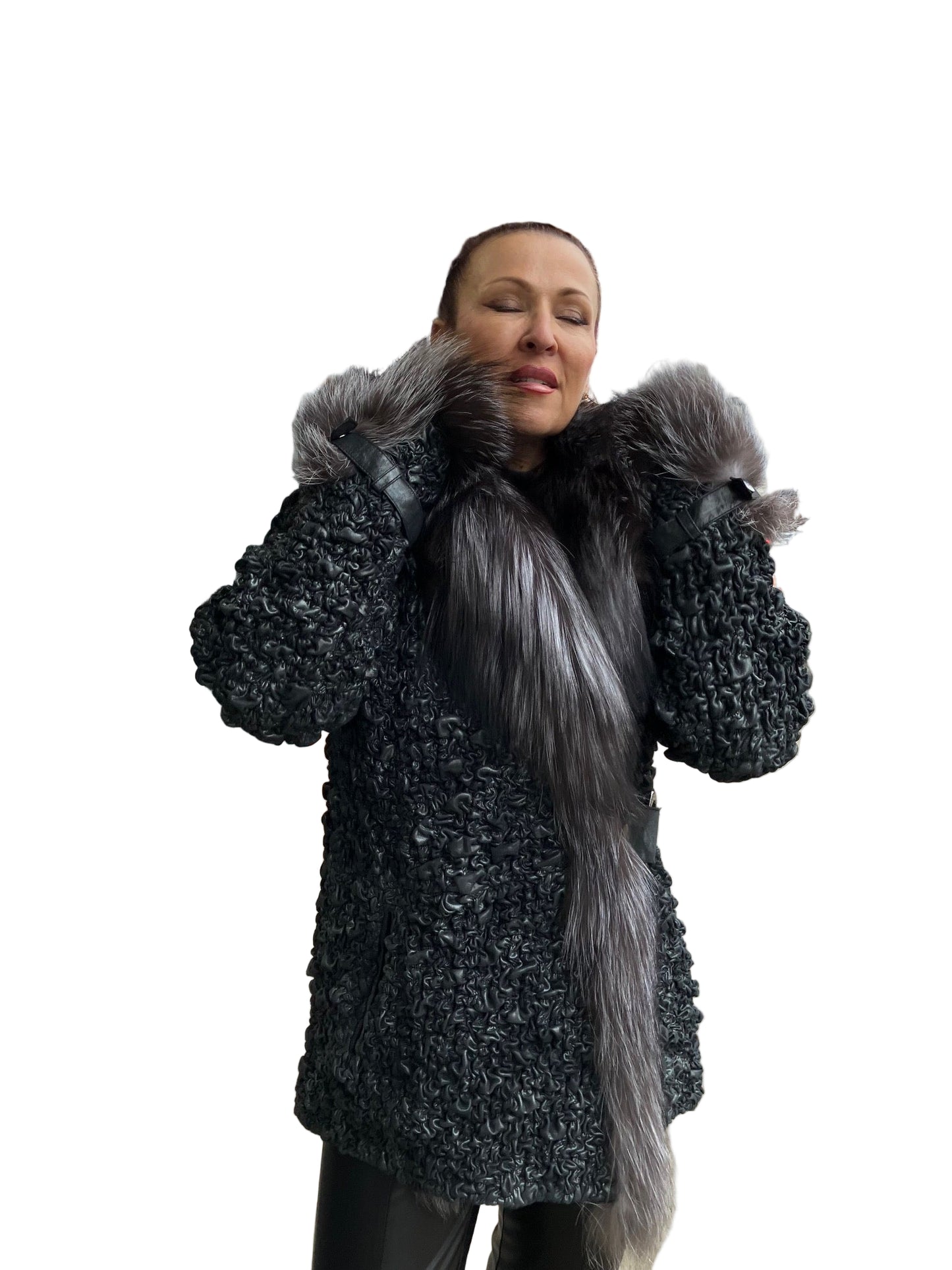 METALLIC BLACK/GREY STRETCH LEATER FOX COAT