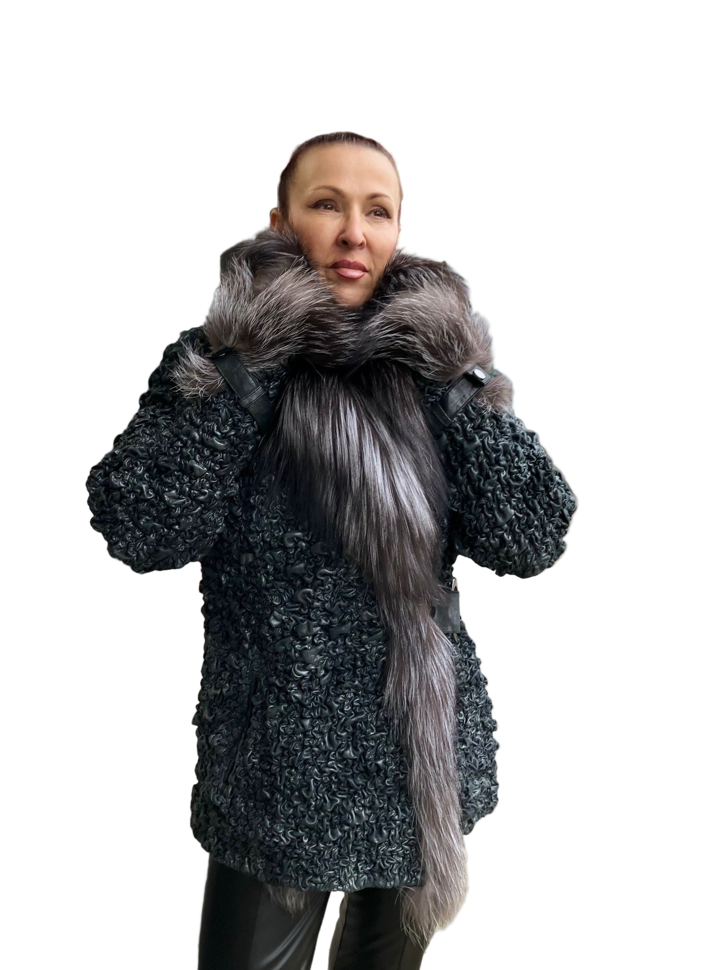 METALLIC BLACK/GREY STRETCH LEATER FOX COAT