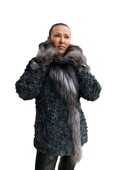METALLIC BLACK/GREY STRETCH LEATER FOX COAT