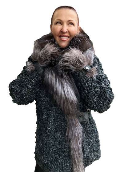 METALLIC BLACK/GREY STRETCH LEATER FOX COAT