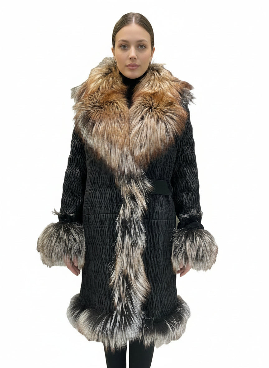 BERRICI FOX STRETCH BLACK/BROWN FOX TRIM COAT