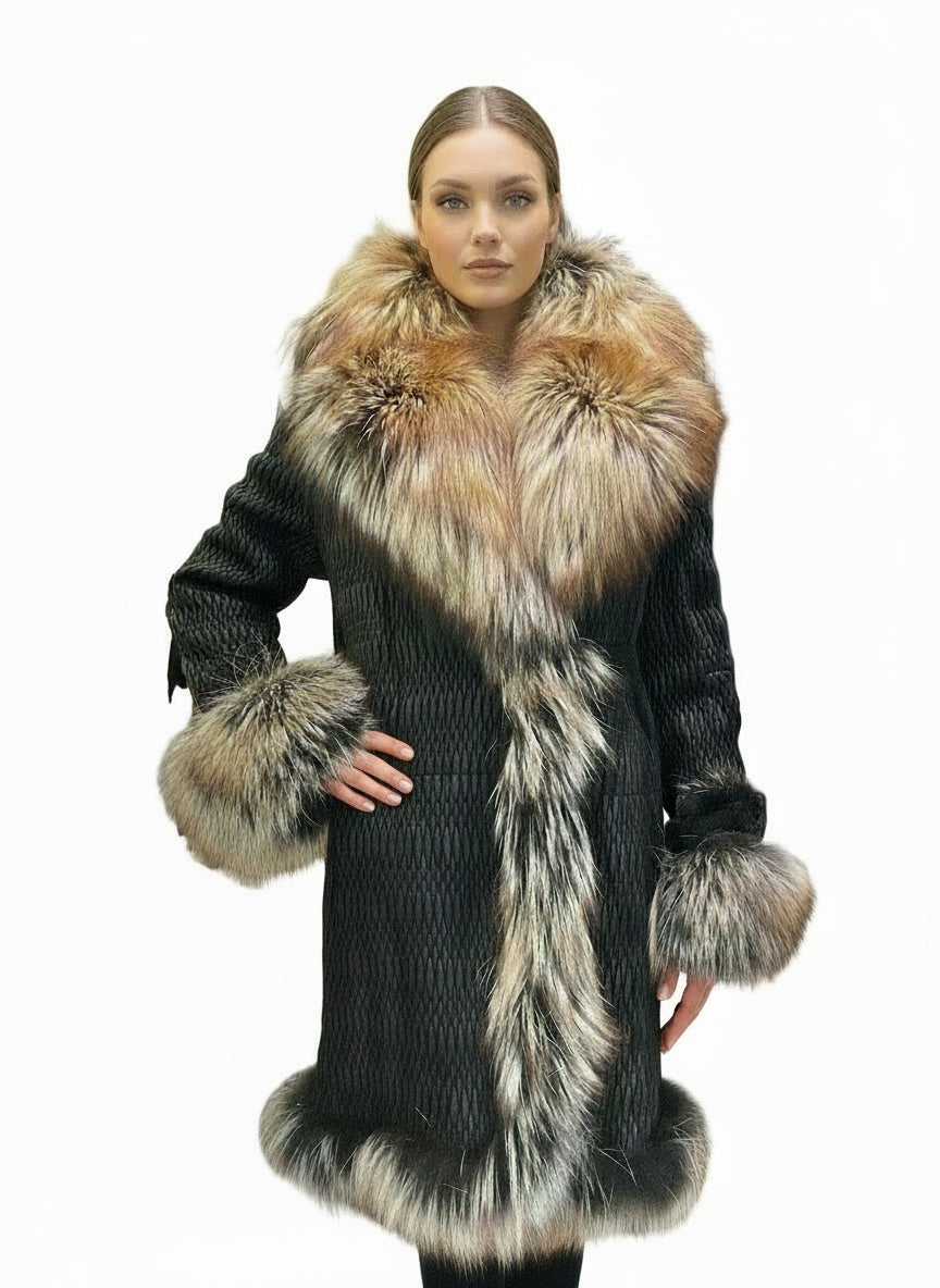 BERRICI FOX STRETCH BLACK/BROWN FOX TRIM COAT