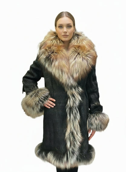 BERRICI FOX STRETCH BLACK/BROWN FOX TRIM COAT
