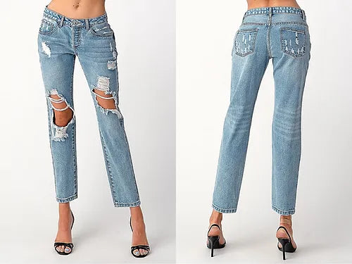 Distressed light wash denim jeans