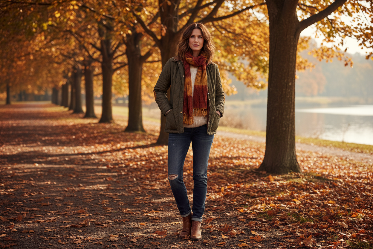 FALL WEATHER SPORT JACKET ON LADY IN HER THIRTIES, WITH BROWN HAIR AND DENIM JEANS
