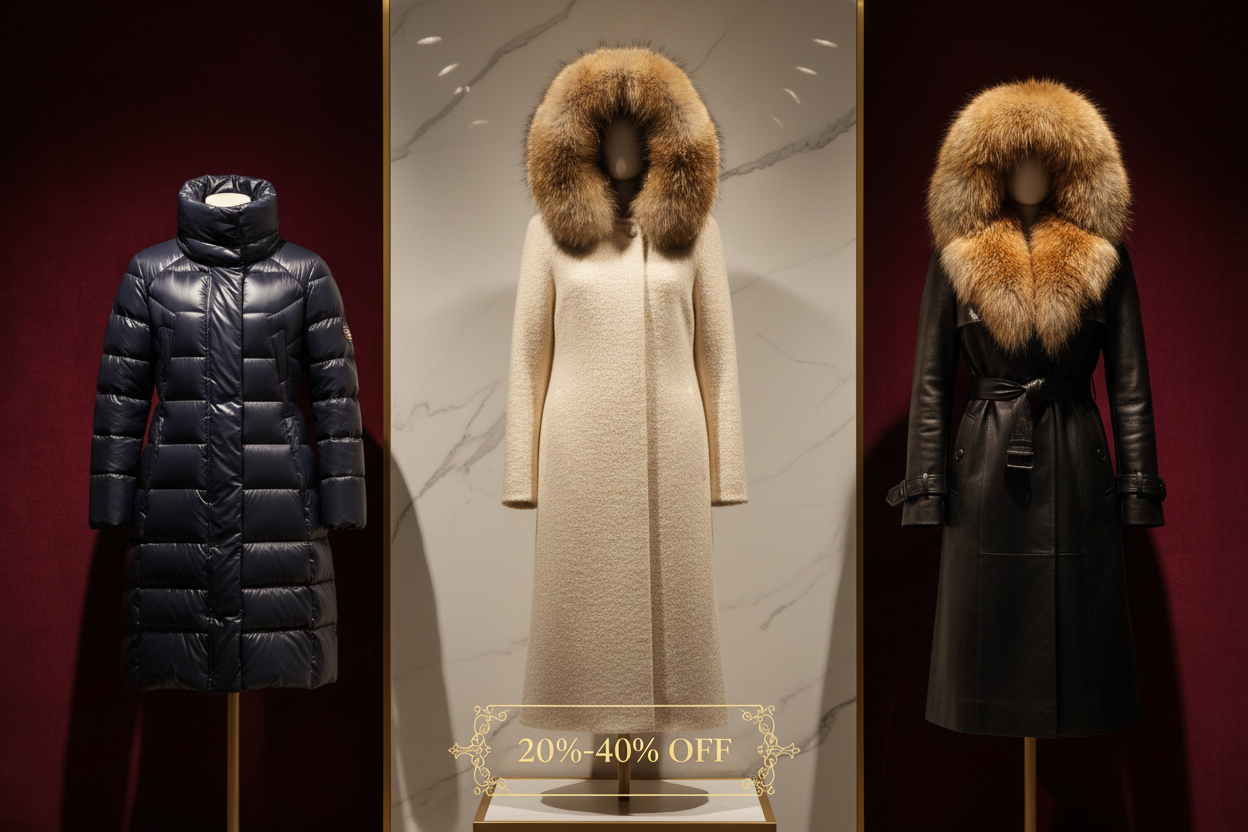 LUXURY FUR HOODED CASHMERE COATS, LUXURY SHEENE PUFFER COATS, LEATHER FOX FUR HOODED COAT SALE 20% -40% OFF